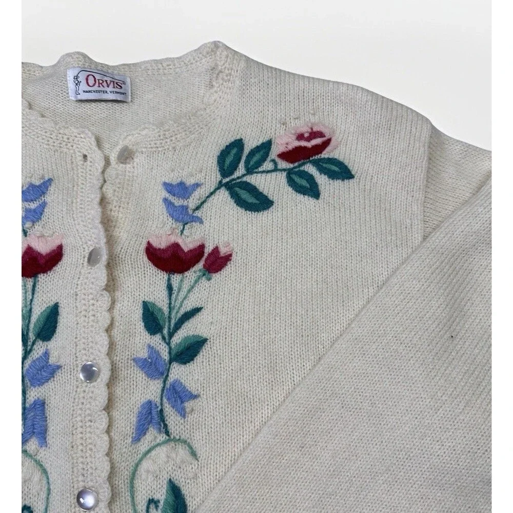 Orvis Embroidered Wool Cardigan Sz L Cream Vintage Cottagecore Statement Flower